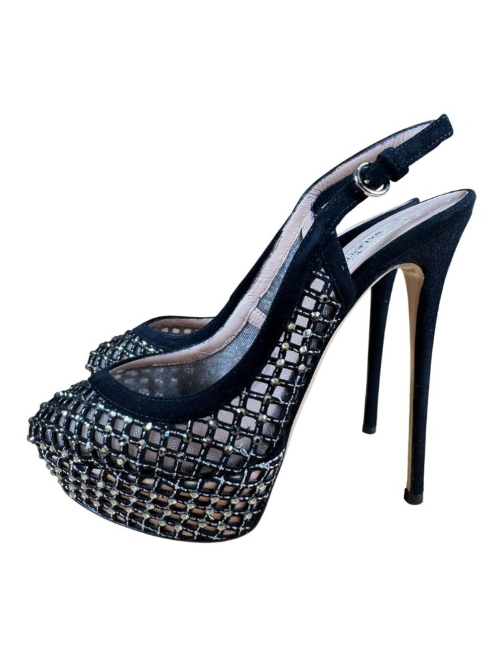 Valentino Garavani Crystal Strass Mesh Platform Slingback Heels Stilettos Size E - Picture 5 of 10